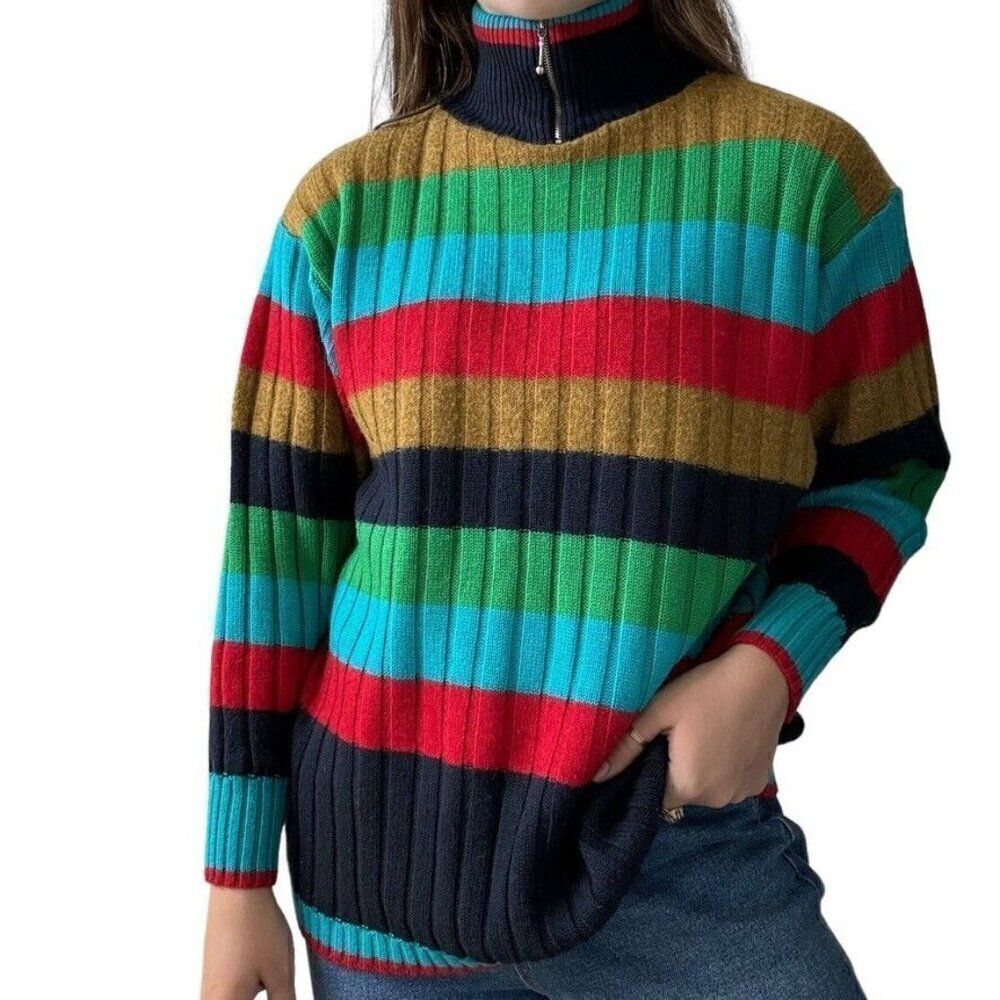 Vintage 1980s Mondi Rainbow Striped Wool Quarter Zip Ski Sweater West Germany